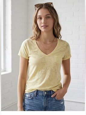 GARAGE Yellow Burnout Slub V-Neck Pocket Tee Small